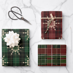 Red, Gold & Green Winter Christmas Plaid Patterns Wrapping Paper Sheet