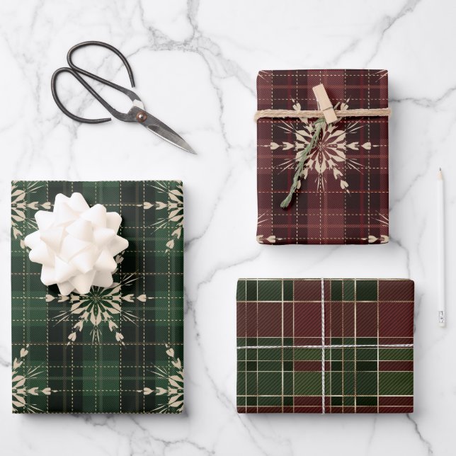 Red, Gold & Green Winter Christmas Plaid Patterns Wrapping Paper Sheet (Front)