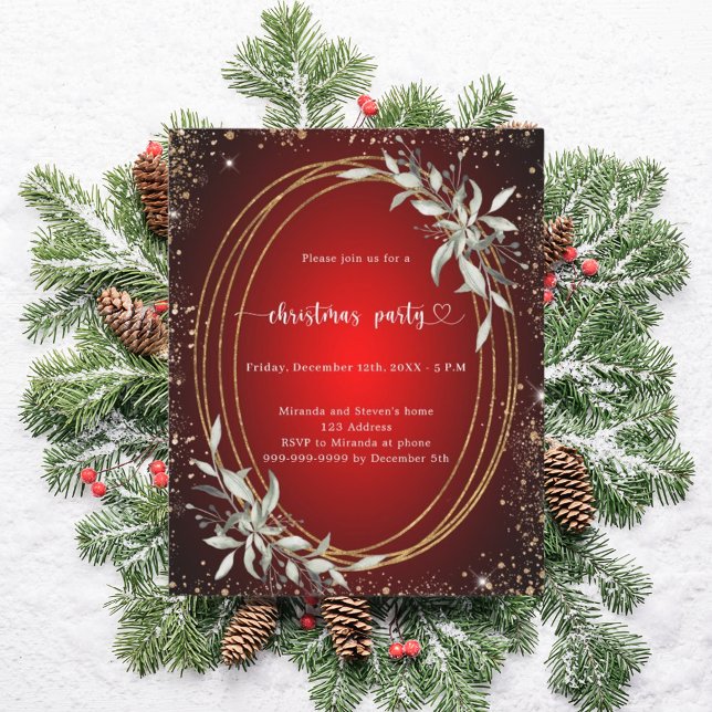 Red gold greenery Christmas Party invitation (Creator Uploaded)