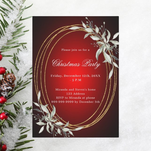 Red gold greenery Christmas Party Invitation (Creator Uploaded)