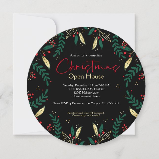 Red Gold Greenery Merry Little Christmas Party Invitation (Front)