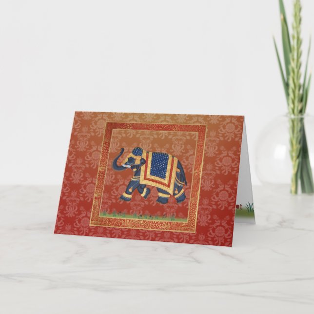 red gold grey damask Elephant Greeting Note Card (Front)