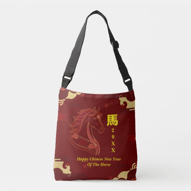 Red & Gold Happy Chinese year of the Horse  Crossbody Bag (Front)