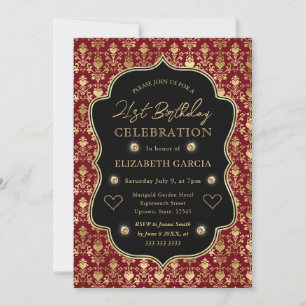 Red & Gold Heart Damask 21st Birthday Invitation