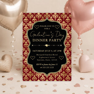 Red & Gold Heart Damask Galentine's Dinner Party Invitation