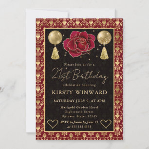 Red & Gold Heart Damask & Rose 21st Birthday Invitation