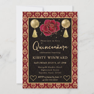 Red & Gold Heart Damask & Rose Quinceanera Invitation