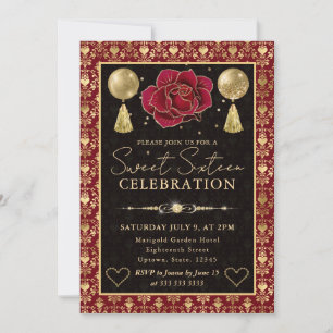 Red & Gold Heart Damask & Rose Sweet Sixteen Invitation