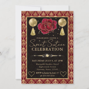 Red & Gold Heart Damask & Rose Sweet Sixteen Invitation