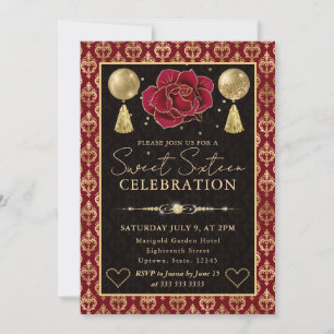Red & Gold Heart Damask & Rose Sweet Sixteen Invitation
