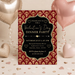Red & Gold Heart Damask Valentine's Dinner Party Invitation