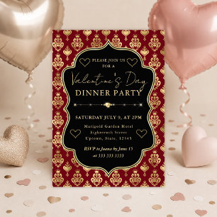 Red & Gold Heart Damask Valentine's Dinner Party Invitation
