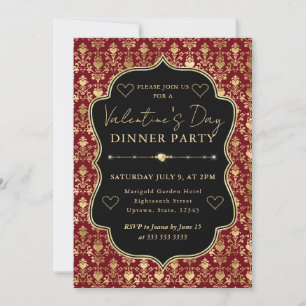 Red & Gold Heart Damask Valentine's Dinner Party Invitation
