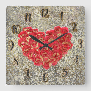 Red & Gold Heart Glam Rustic Love Rustic Valentine Square Wall Clock