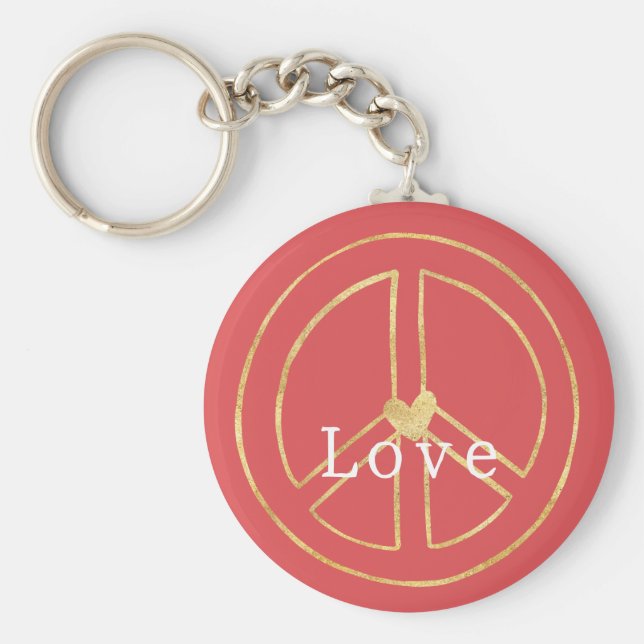 Red Gold Heart Peace Sign Love Christmas Key Ring (Front)