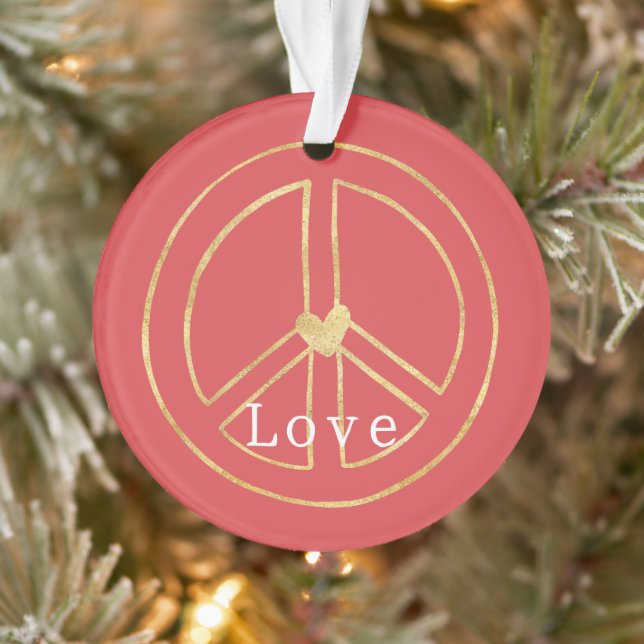 Red Gold Heart Peace Sign Love Christmas Ornament (Tree)