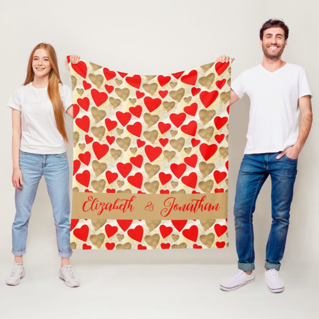 Red & Gold Hearts Pattern Couple Names Valentine's Fleece Blanket (In Situ)