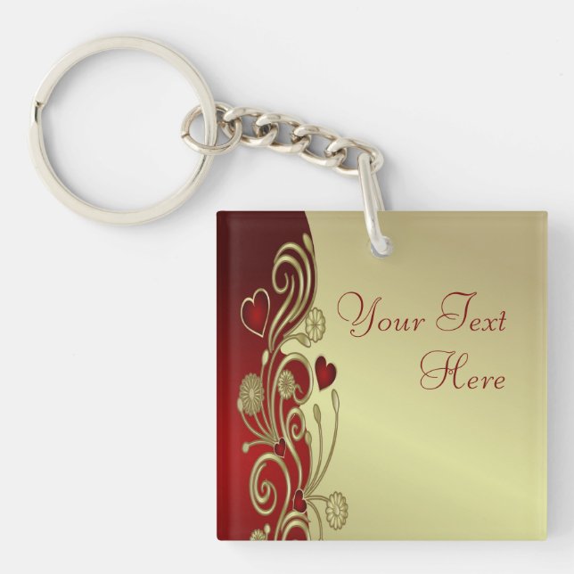 Red & Gold Hearts & Scrolls Key Ring (Front)