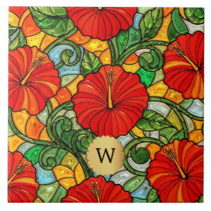 Red Gold Hibiscus Faux Stained Glass Monogram Ceramic Tile