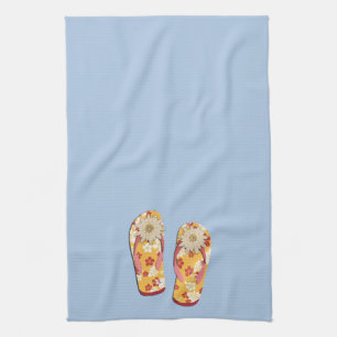 Red & Gold Hibiscus Flower Flip Flops on Lt Blue Tea Towel