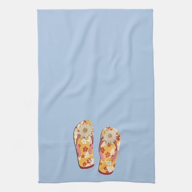 Red & Gold Hibiscus Flower Flip Flops on Lt Blue Tea Towel (Vertical)