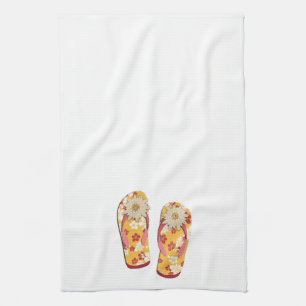 Red & Gold Hibiscus Flower Flip Flops on White Tea Towel
