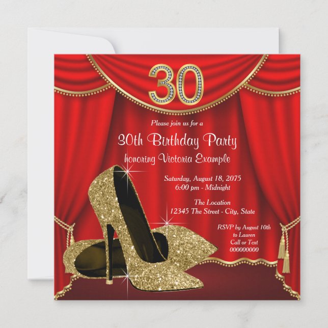 Red Gold High Heel 30th Birthday Party Invitation (Front)