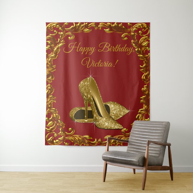 Red Gold High Heel Shoe Birthday Party L Backdrop Tapestry (In Situ)