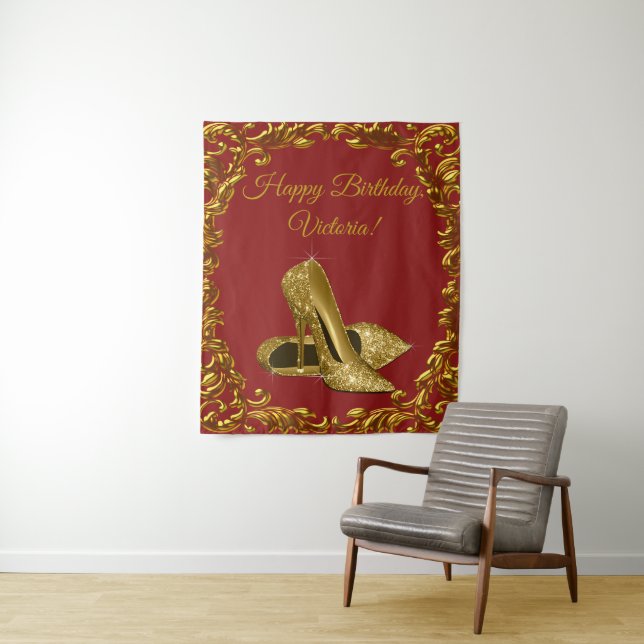 Red Gold High Heel Shoe Birthday Party M Backdrop Tapestry (In Situ)