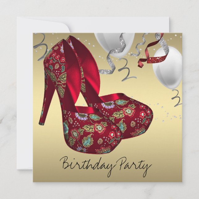 Red Gold High Heel Shoes Birthday Party Invitation (Front)