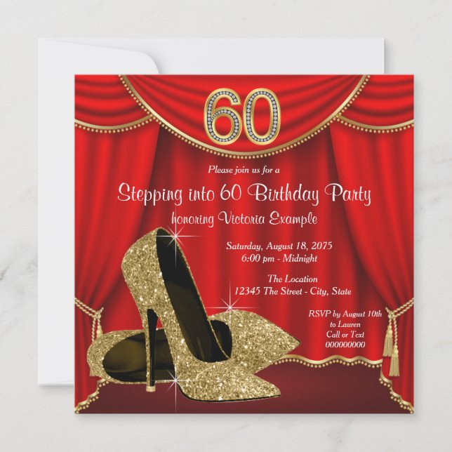 Red Gold High Heel Stepping into 60 Birthday Party Invitation (Front)