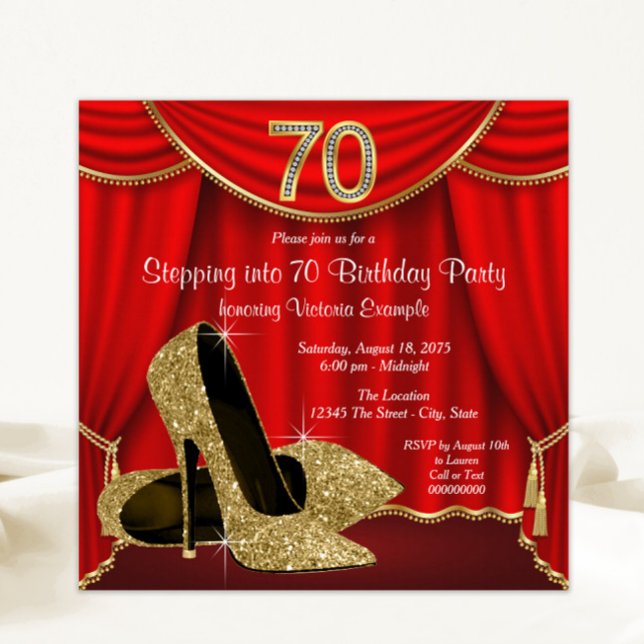 Red Gold High Heel Stepping into 70 Birthday Party Invitation (Elegant red and gold shoes 70th birthday party invitation. Simply add your event details.)