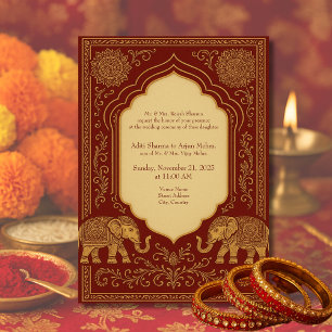 red gold hindu elephant ornate mandala wedding invitation