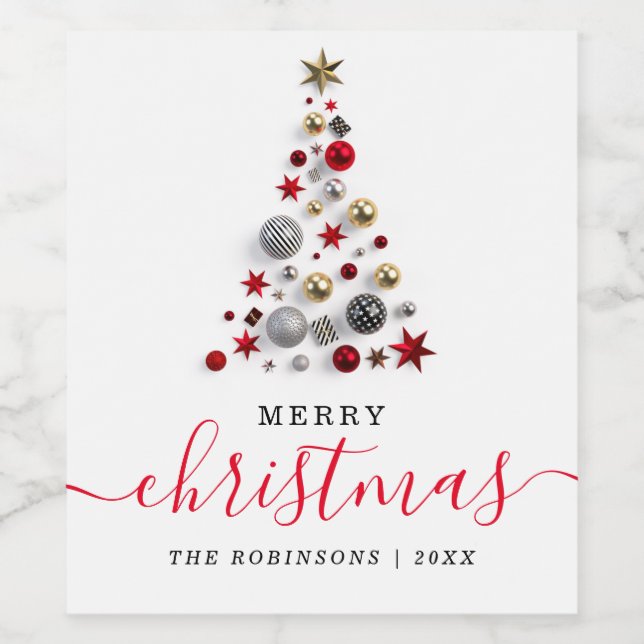 Red & Gold Holiday Modern Christmas Tree Wine Label (Single Label)