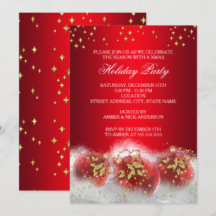 Red Gold Holly Baubles Christmas Holiday Party Invitation