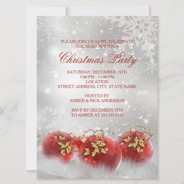 Red & Gold Holly Baubles Christmas Party Invite (Front)