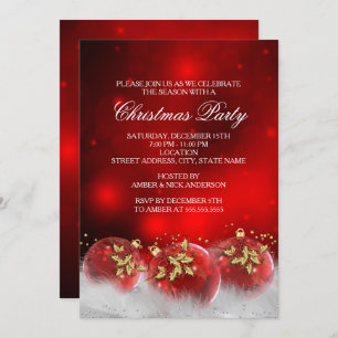Red Gold Holly Baubles Christmas Party Invite