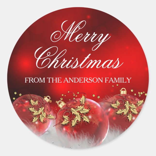 Red & Gold Holly Baubles Christmas Sticker (Front)