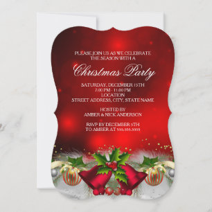 Red & Gold Holly Bells Christmas Party Invite