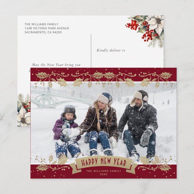 Red Gold Holly Berries Photo Happy New Year Holiday Postcard (Front/Back)