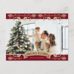 Red Gold Holly Christmas Blessings Christian Photo Holiday Postcard