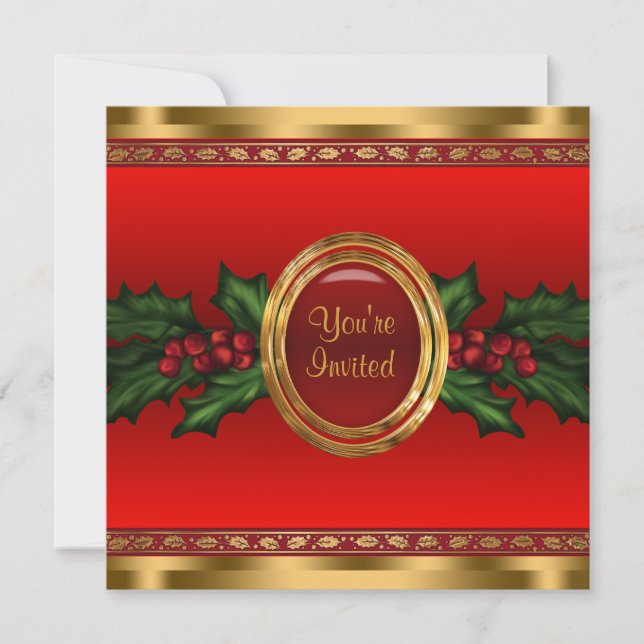 Red Gold Holly Corporate Christmas Party Invitation (Front)