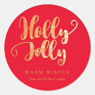 Red Gold Holly Jolly Holiday Classic Round Sticker