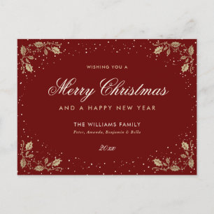 Red Gold Holly Snow Holiday Postcard