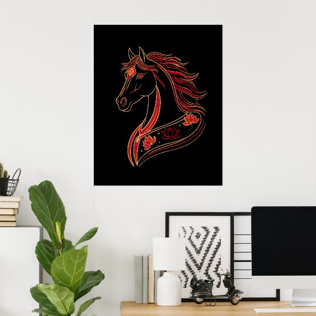 Red & Gold Horse with Lotus, Spiritual Symbolic  Poster (Home Office)