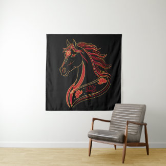 Red & Gold Horse with Lotus, Spiritual Symbolic Tapestry
