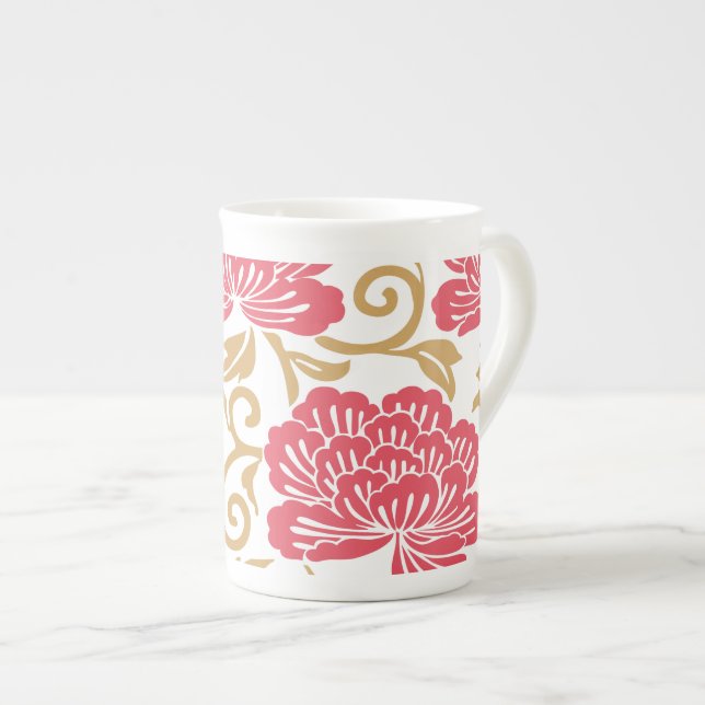 Red Gold Japanese Floral Kimono Bone China Mug (Front Right)