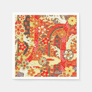 Red Gold Japanese Kimono Floral Decoupage Paper Napkin