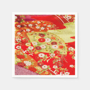 Red Gold Japanese Kimono Floral Decoupage Paper Napkin