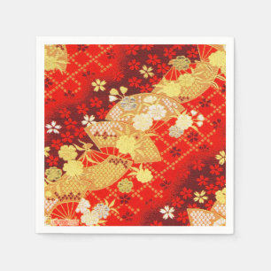 Red Gold Japanese Kimono Floral Decoupage Paper Napkin